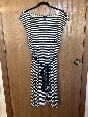 Ann Taylor Navy & White Striped Dress with Tie Belt